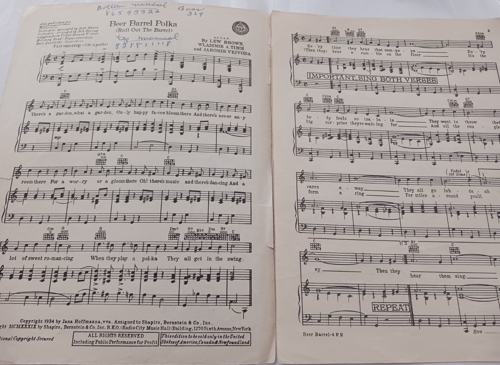 Beer Barrel Polka Sheet Music 1934 Lee Brown Wladimir A Timm & Jaromir