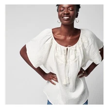 FAHERTY Organic Cotton Oversized Embroidered Minimalist Boho Trapeze Top S NWT