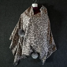 LA FIORENTINA Animal-Print Fox Fur Pom-Pom Wrap Scarf 68x27