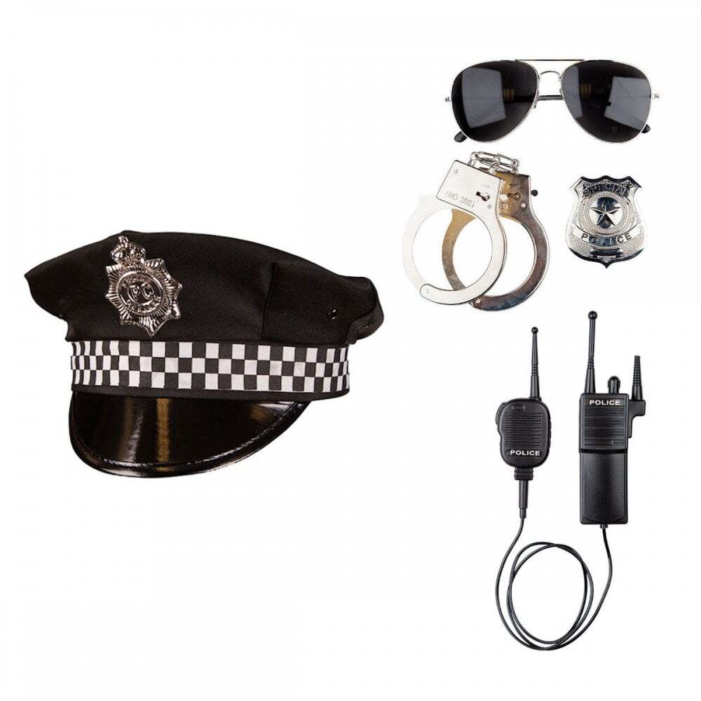 Adult Deluxe Cop Hat + Police Badge + Aviator Specs + Handcuffs + Walkie Talkie