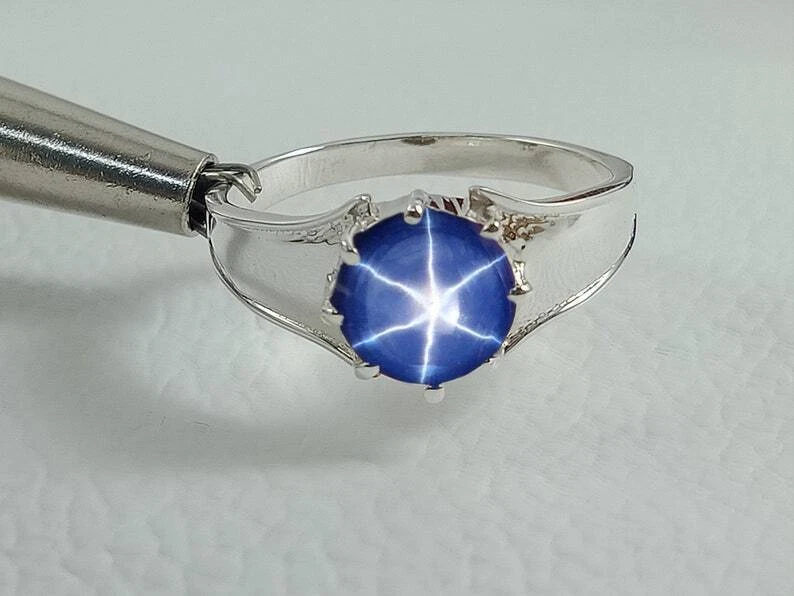Men Blue Star Sapphire Ring 925 Sterling Silver Ring Lindy Star Sapphire Ring