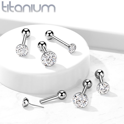 Implant Grade Titanium Push In Barbell W/ CZ Bezel Ball Ear Cartilage Tragus - Picture 2 of 3