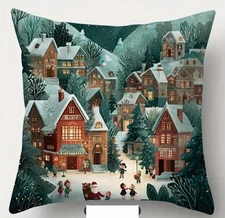 Beautiful Winter Village Scene Christmas Or Everyday Throw Pillow Cover 18”