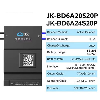 JKBMS Smart BMS 8S-20S 8S-24S 200A 0,6A Active Balance BMS Li-Ionen-Lifepo4-LTO