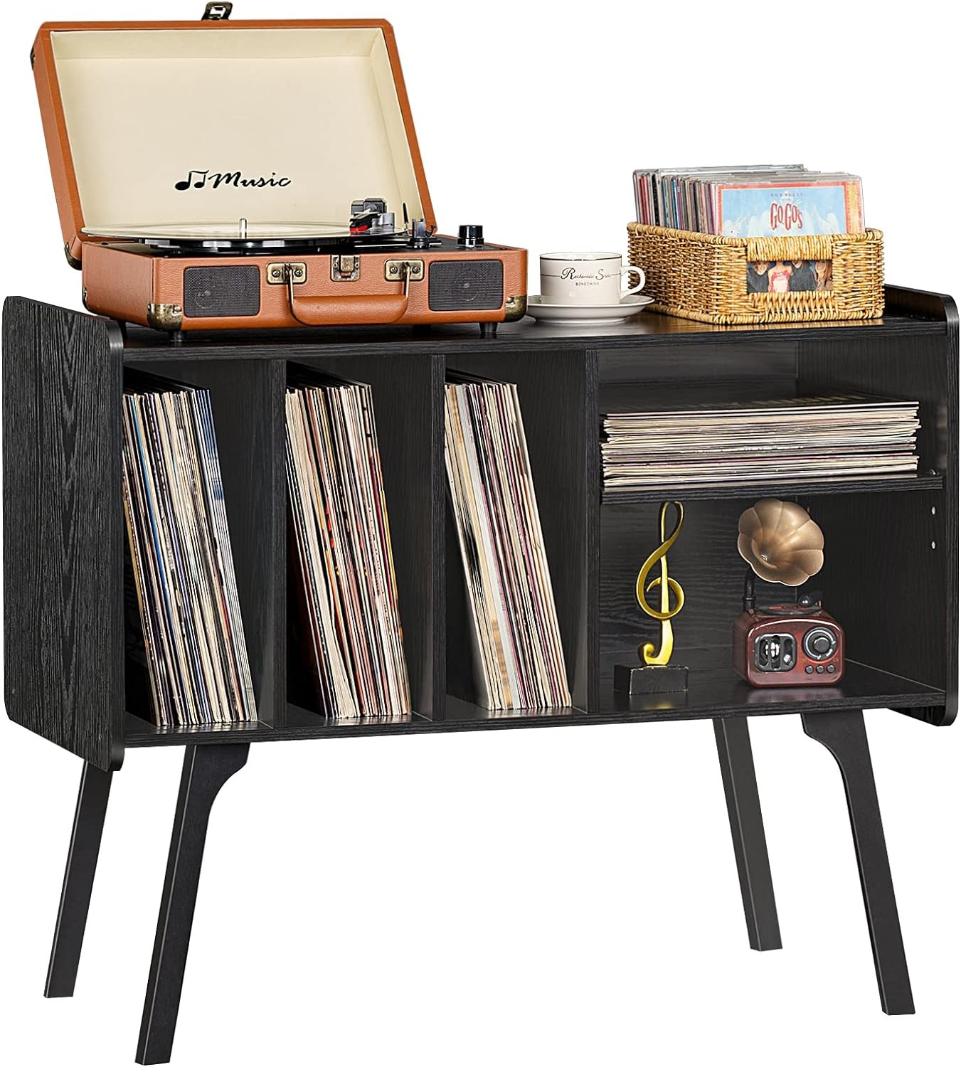 Vintage Record Player Stand with Storage for 220 Albums in Sleek Black