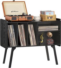 Record Player Stand with 4 Cabinet Holds Up to 220 Albums, Large Black