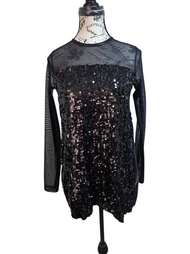 Weissman Black Sequin Mesh Long Sleeve Dance Top Medium Adult MA Keyhole Back