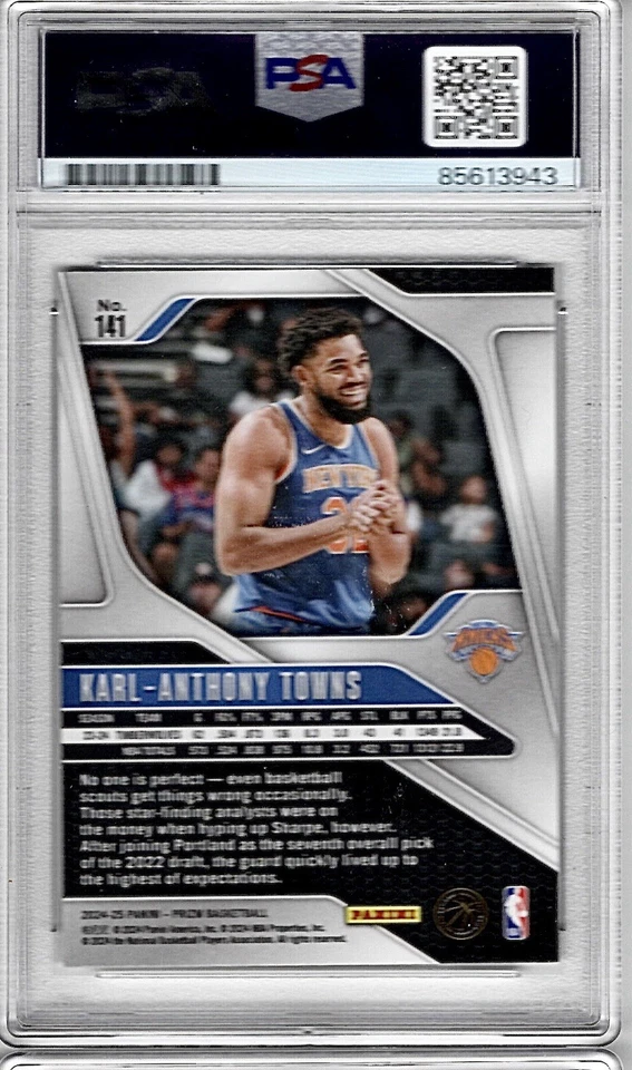Tarjeta firmada por Karl Anthony Towns 2024-25 Panini Prizm #141 Knicks automática PSA/DNA Foto 2 de 2