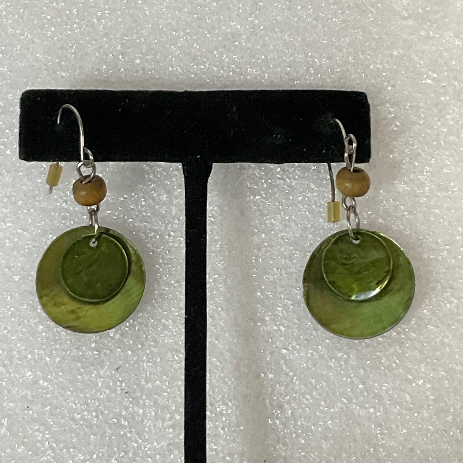 Green Shell Disc Dangle Drop Earrings Boho Beaded… - image 1