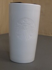 STARBUCKS Embossed Siren Mermaid White Ceramic Coffee Tumbler Cup Mug wLid 12 oz