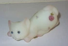 Fenton White Satin w Flowers Hand Painted Crouching Cat Figurine Signed w Label