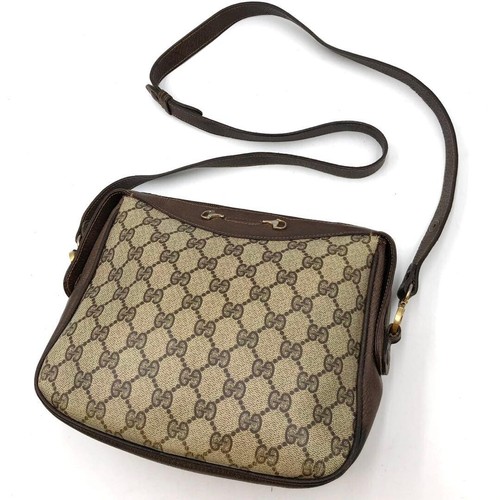 Gucci GG Canvas Horsebit Shoulder Bag Brown Leather Vintage Women Crossbody