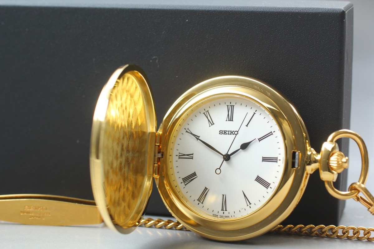 Vtg 1999 N MINT Seiko Pocket Watch 7N21-0A00 Full-Hunter Gold