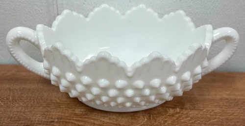 FENTON White Milk Glass Hobnail Double Handle Candy Nut Bowl