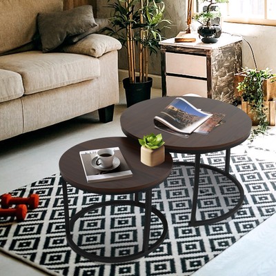 Modern Nesting Coffee Table Set Round Side End Tables w/ Metal Legs Living Room