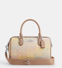 NWT COACH Rowan Satchel Crossbody In Signature Leather With Rainbow Pastel Print