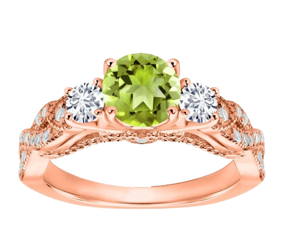 925 Silver Rose Gold Plated 1.48 Ct Peridot and White Topaz Women Wedding Ring - Image 3 of 4