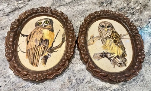 2 Vintage MCM Owl Paintings Wall Hanging Ceramic Plaques Pictures Handmade