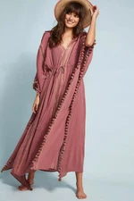 Michael Stars Caftan Cover Up One Size Swim Women Lace Fringe Tassel Hippie Pink