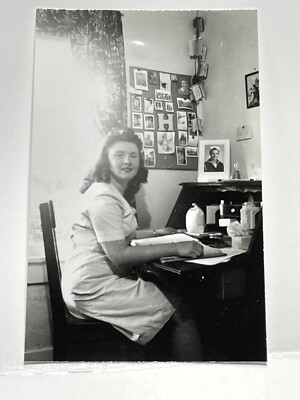J9 Photograph 1940s Beautiful Woman At Writing Desk Candid