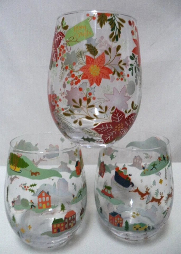 Torta de lama Natal Papai Noel Flores Poinsétia conjunto de taças de vinho sem haste 3 NOVO - Imagem 2 de 4