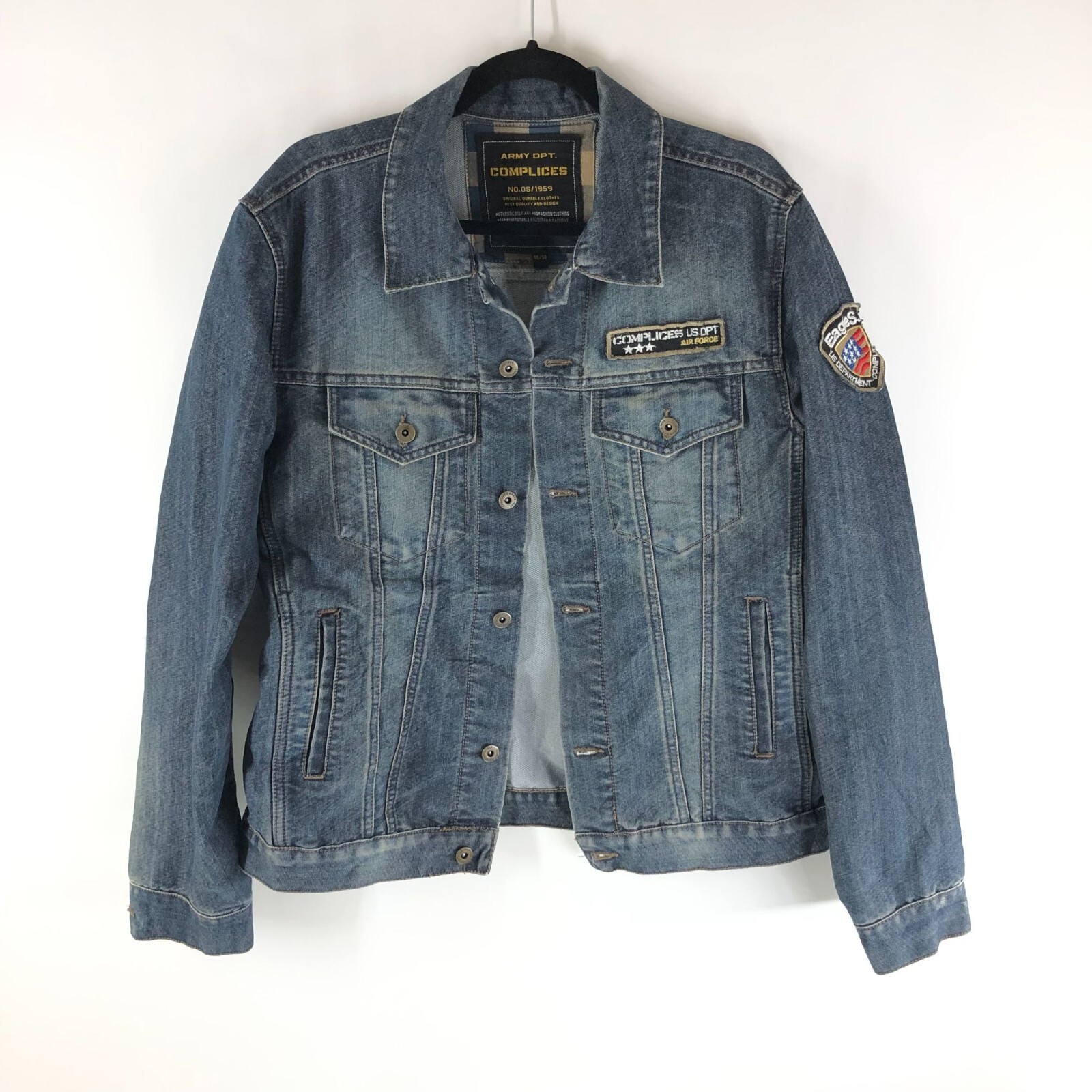 Army DPT Complices Mens Denim Jacket Air Force Retro Trucker Fading Cotton 48/50
