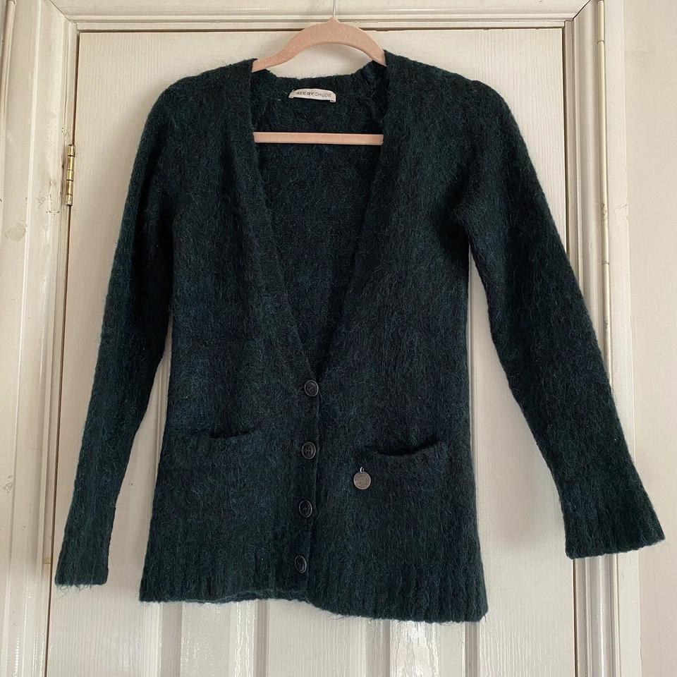See By Chloe Green Mohair Wool V-neck Boyfriend Cardigan Size UK 6 Pockets - Image 3 of 4