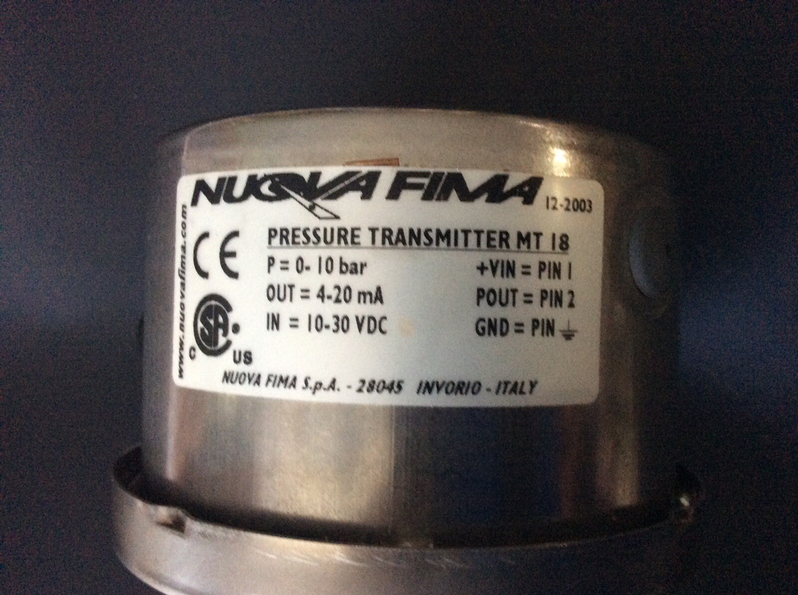 Nuova Fima Pressure Transmitter 010Bar MT18 Glycerin Filled Stainless