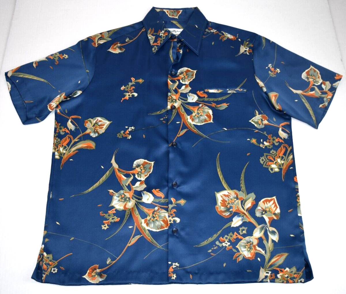 Vintage Hawaiian Shirt Tori Richard Size M 80s Blue Orange Floral