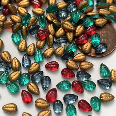 24 Vintage Glass Leaf Cabochon Embellishments 6x4 Foiled Red Blue Green STN18
