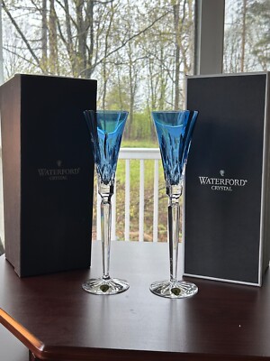 NWT NEW! Pair Waterford Lismore Sapphire Blue Crystal Toasting Champagne Flutes