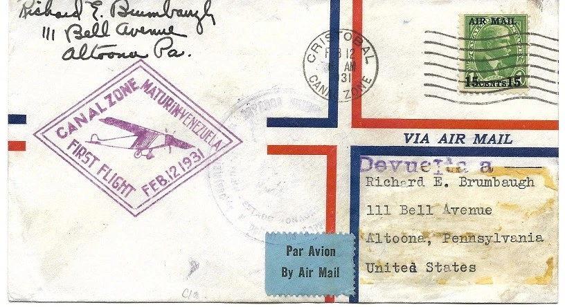 Canal Zone Panama: 1931; Cover First Flight, Feb 12, Usa-Canal-Maturin EBCZ01 - Image 2 of 2