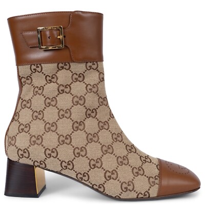70377 auth GUCCI brown leather GG Supreme canvas 2022 ELLIS Ankle Boots Shoes 40