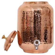 Pure Copper Water Dispenser (Matka) Hammered Container Pot With Bottle 8 Ltr