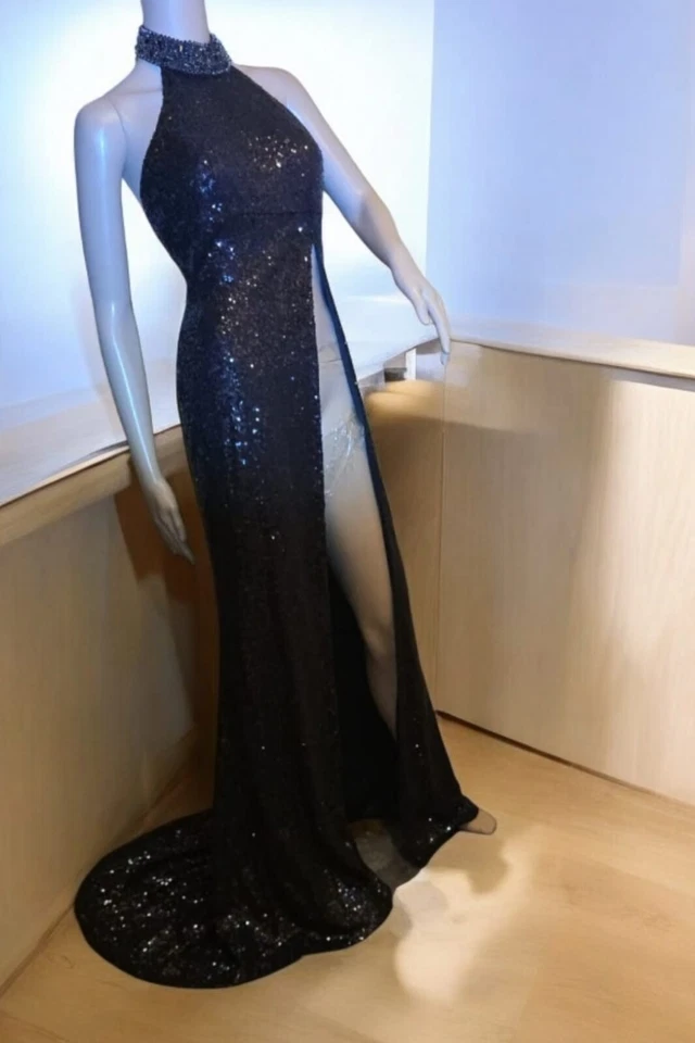 Sequin beaded Maxi SHERRI HILL Ladies Halter dress size 2 black Prom Party HQ - Image 4 of 4