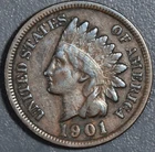1901 1C INDIAN HEAD BRONZE CENT KM# 90a Grade:  F/VF A7225