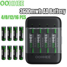 OOHHEE 4/8/12/16x AA 3600mWh Rechargeable Lithium Batteries 1.5V Charging Box