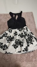 Girls Fit Flare Black White Floral Halter Dress with Zipper Accent