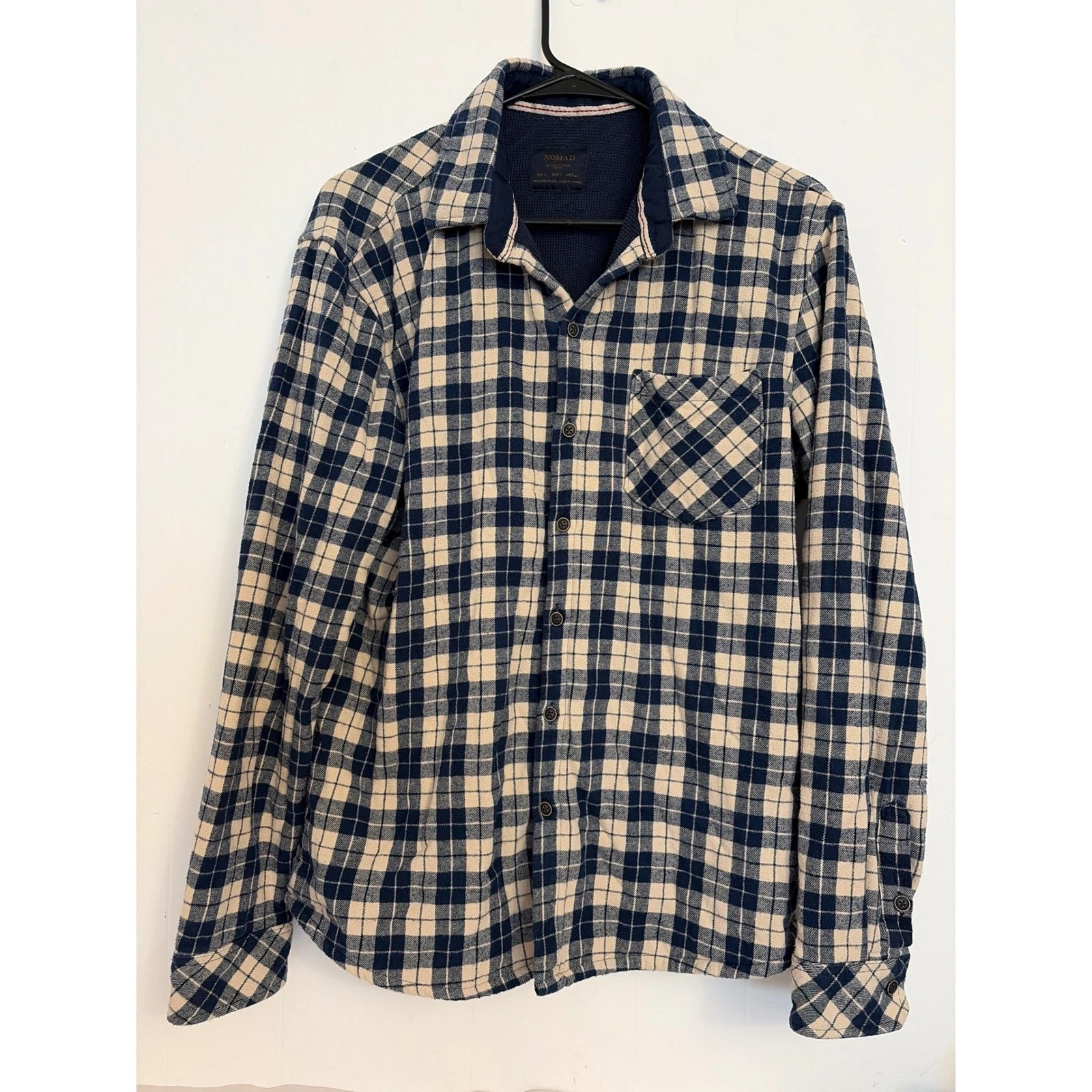 Nomad Waffle Flannel Lined Shirt Mens Size L Navy Taupe Plaid Button Down