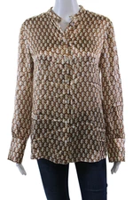 Marella Womens Button Front Crew Neck Cage Logo Silk Shirt White Brown Size 4