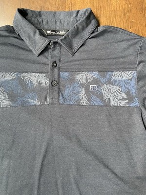 Travis Mathew Polo Shirt Men Medium Black Floral Palm Leaf Knit Golf Performance