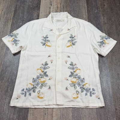 Abercrombie & Fitch Mens Small Embroidered Lemon Linen Blend Camp Shirt Cream