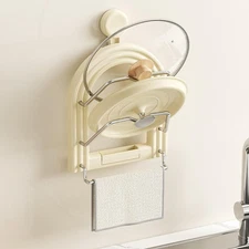 Pot Lid Organizer Suction Cup Draining Tray with Towel Hanger Multifunctional