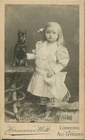 Cute girl posing with Chihuahua dog on table antique CDV photo Germany