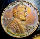 1939 S Lincoln Wheat Cent VF/XF Red & Rainbow Toned