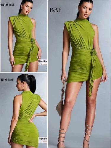 SHEIN BAE Ladies Green Asymmetrical Shoulder 3d Flower Mini Dress Sz Small