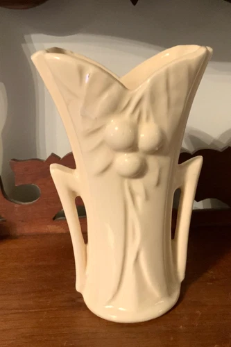 McCoy Vase Double Handle White 6" Leaves Berries Vintage 1940's