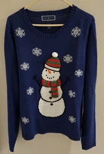 Vintage Karen Scott Christmas Snowman Snowflakes Sweater XL Embellished Blue