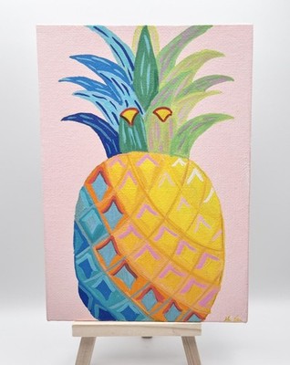 Pineapple Painting 5x7 Canvas Colorful Kitchen Wall Art Cute Summer Fruit Decor