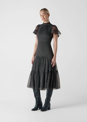 Whistles Almond Blossom Misha Dress UK 8 Black Tiered Chiffon UVP 189£ Midi